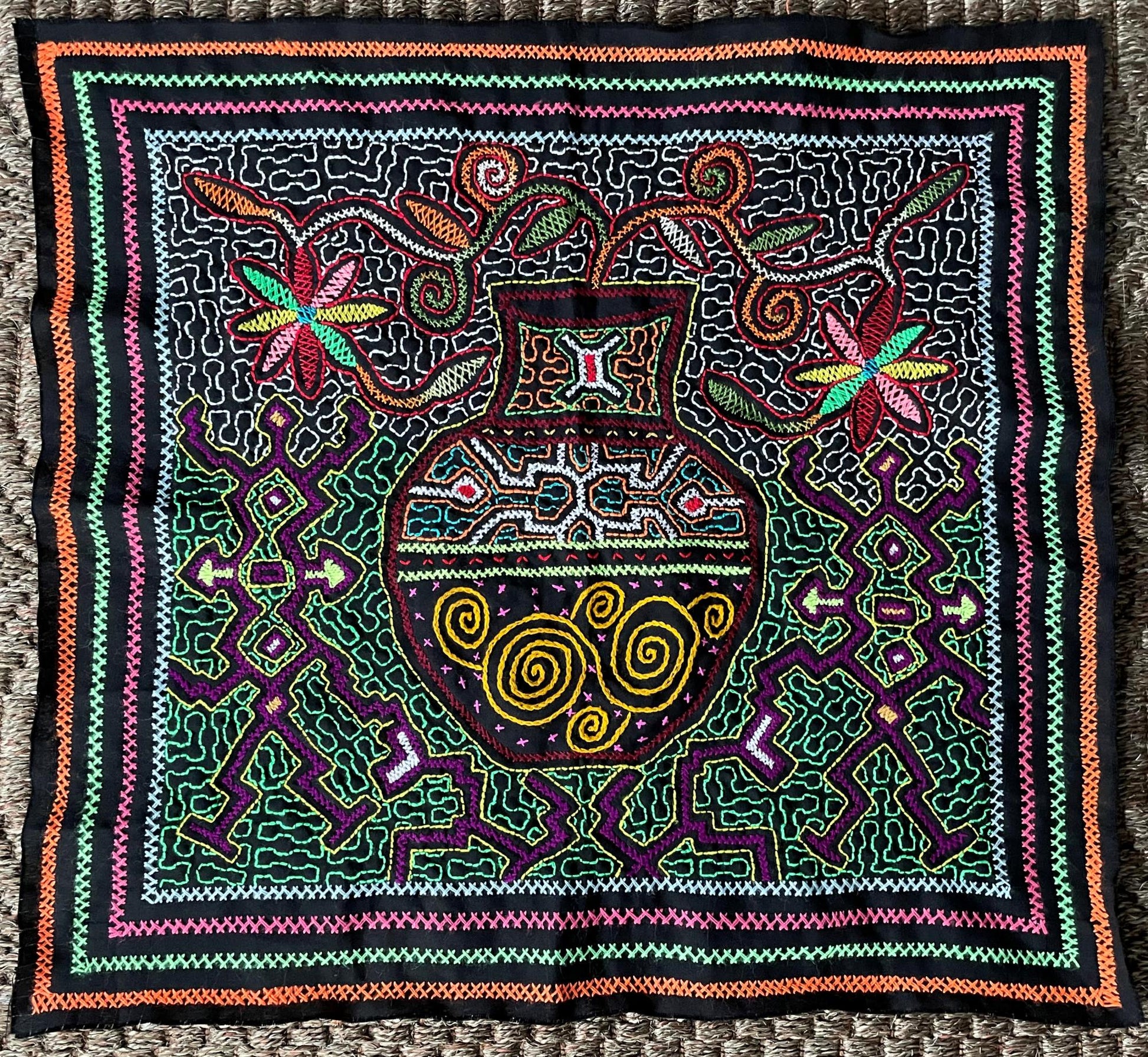 Shipibo Hand Embroidered Tapestry Altar Cloth Vase Flowers Ayahuasca Vine 21" x 22.5" P2504 - Shaman Things