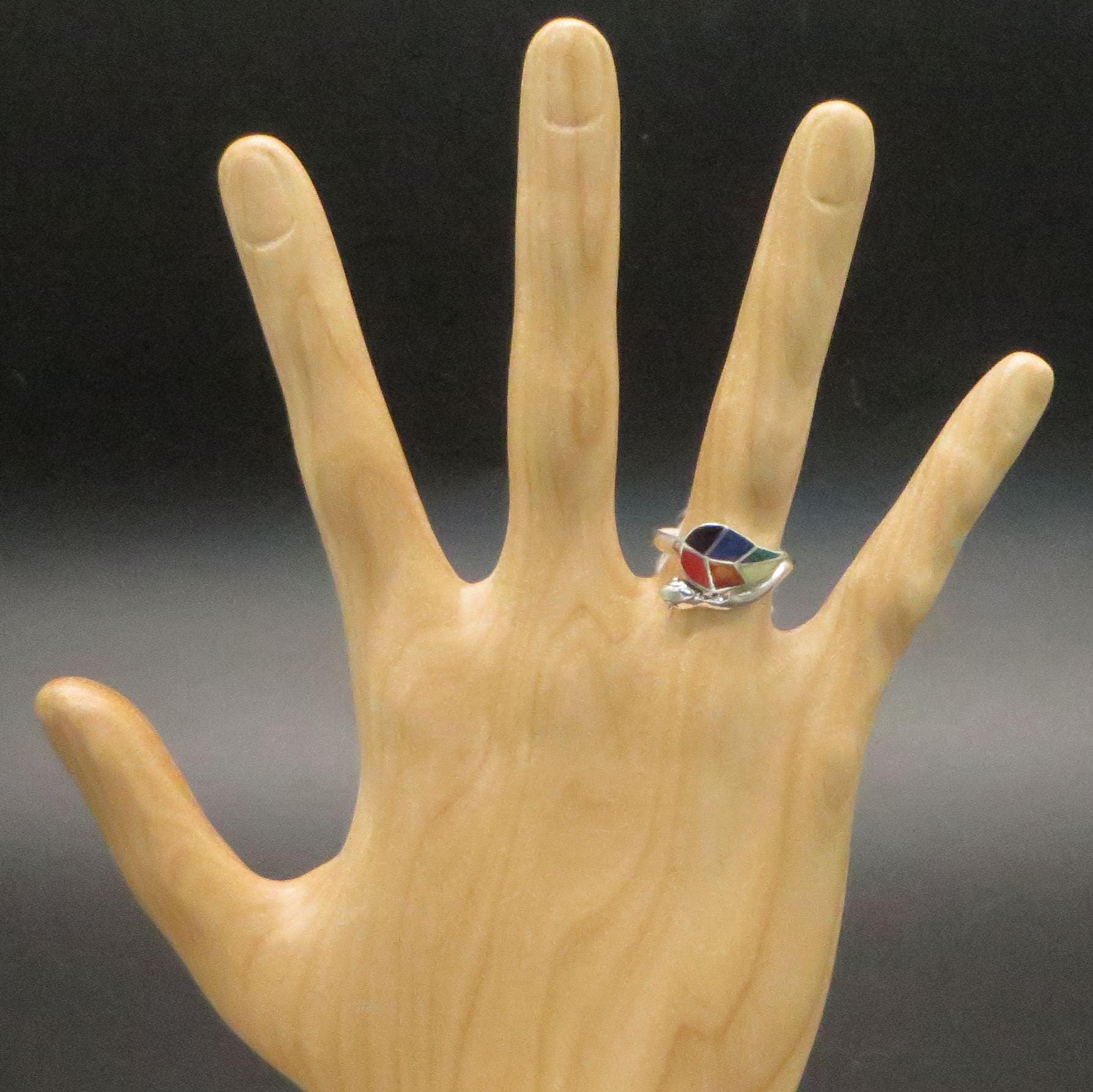 Snake and Coca Leaf Ring Size 8 Peru 950 Silver with Stone Inlay Sacred Valley RJVB5 - Shaman Things