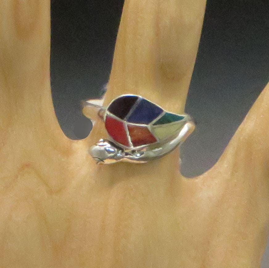 Snake and Coca Leaf Ring Size 8 Peru 950 Silver with Stone Inlay Sacred Valley RJVB5 - Shaman Things