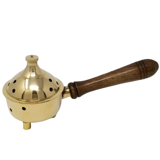 Solid Brass Burner with Lid & wood Handle 7" - Shaman Things