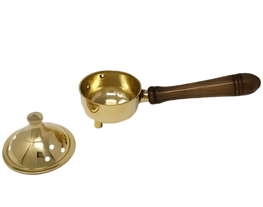 Solid Brass Burner with Lid & wood Handle 7" - Shaman Things