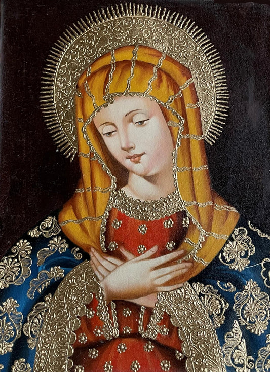 Virgin Mary Original Painting Oil on Canvas Cusco School 11 1/2 x 15 1/2 CS52542 - Shaman Things