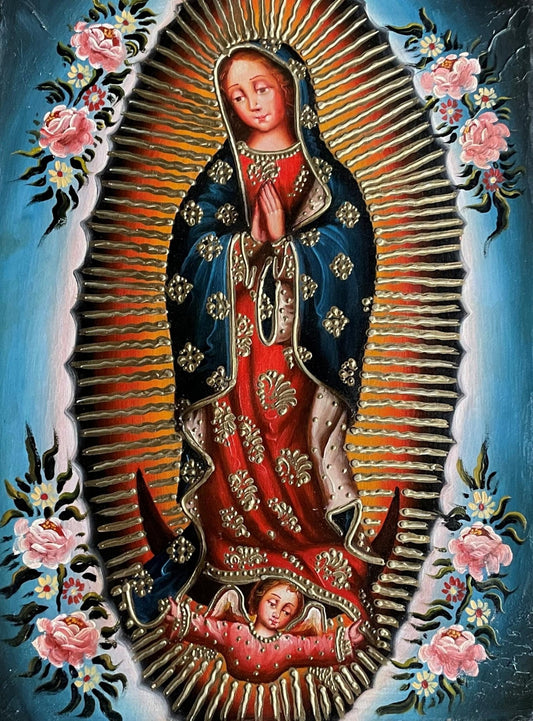 Virgin of Guadalupe Original Painting Oil on Canvas Cusco School 12 x 15 1/2 CS52535 - Shaman Things