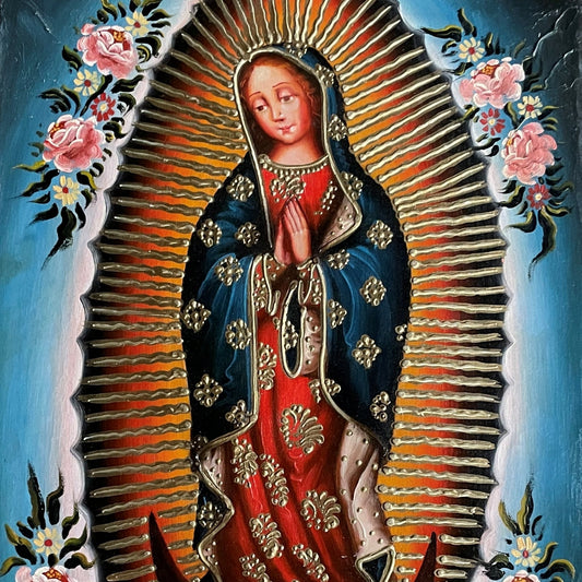 Virgin of Guadalupe Original Painting Oil on Canvas Cusco School 12 x 15 1/2 CS52535 - Shaman Things