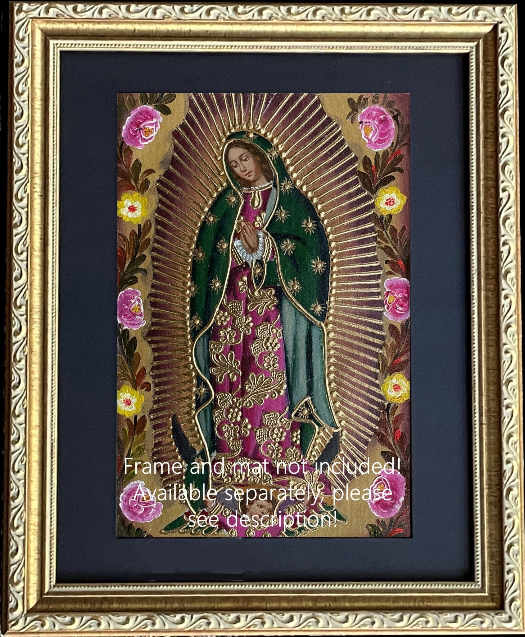 Virgin of Guadalupe Original Painting Oil on Canvas Cusco School 7 3/8 x 11 1/4 CS52512 - Shaman Things