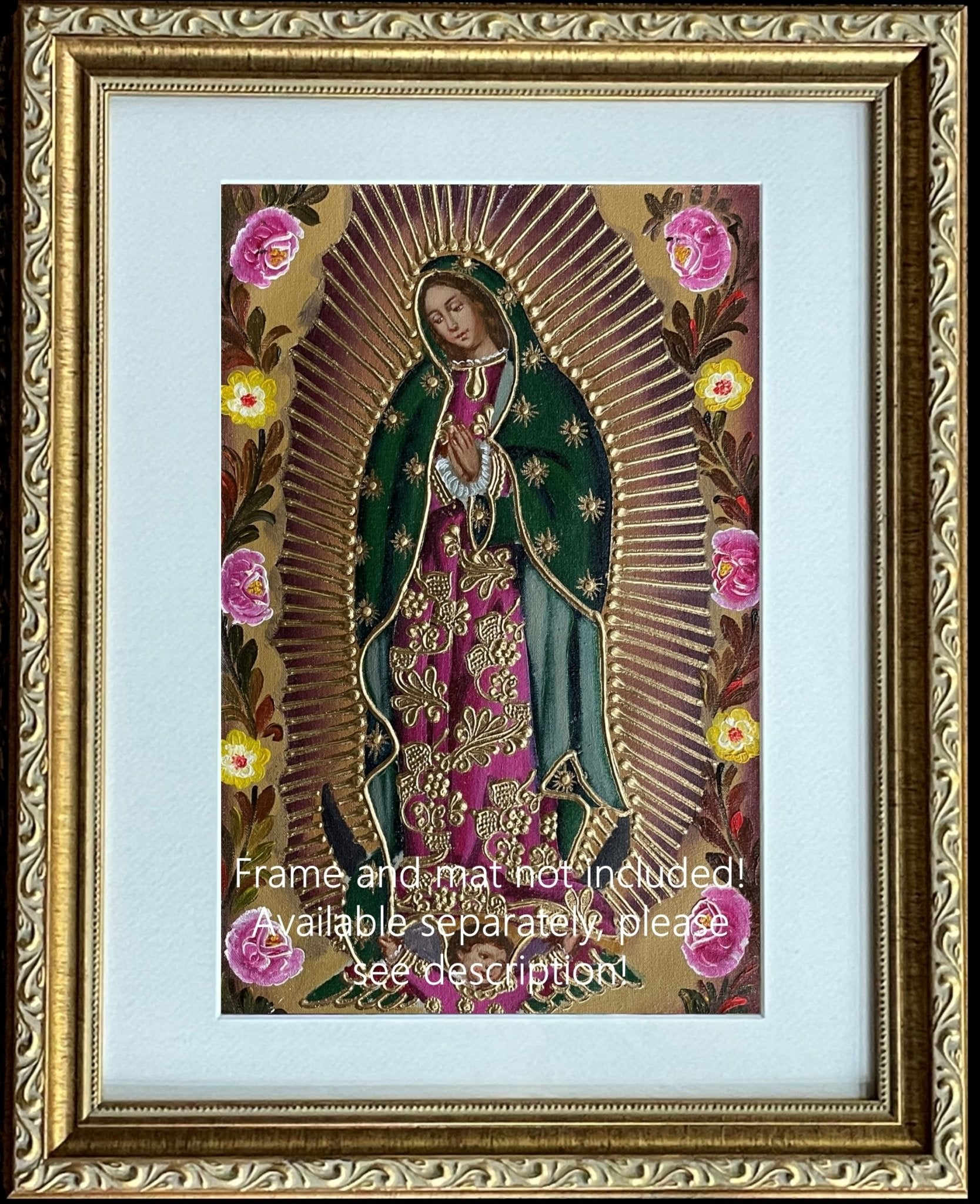 Virgin of Guadalupe Original Painting Oil on Canvas Cusco School 7 3/8 x 11 1/4 CS52512 - Shaman Things