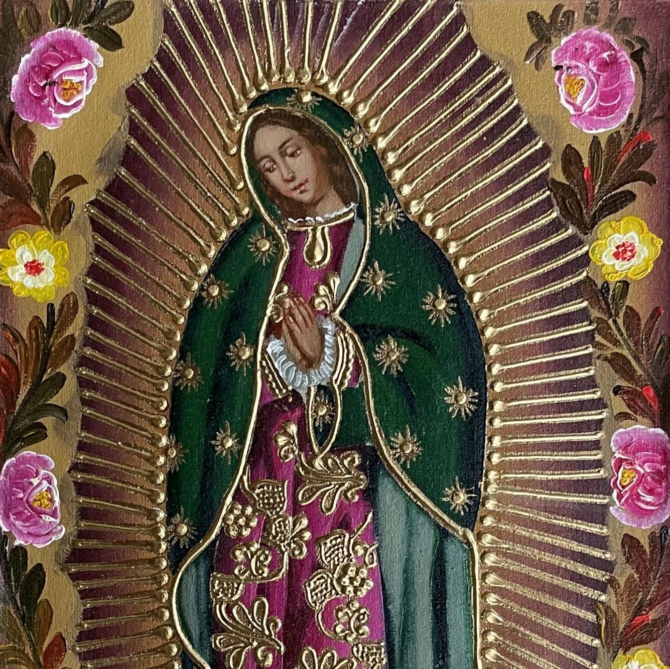 Virgin of Guadalupe Original Painting Oil on Canvas Cusco School 7 3/8 x 11 1/4 CS52512 - Shaman Things