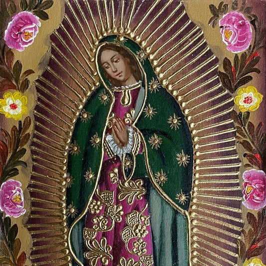 Virgin of Guadalupe Original Painting Oil on Canvas Cusco School 7 3/8 x 11 1/4 CS52512 - Shaman Things