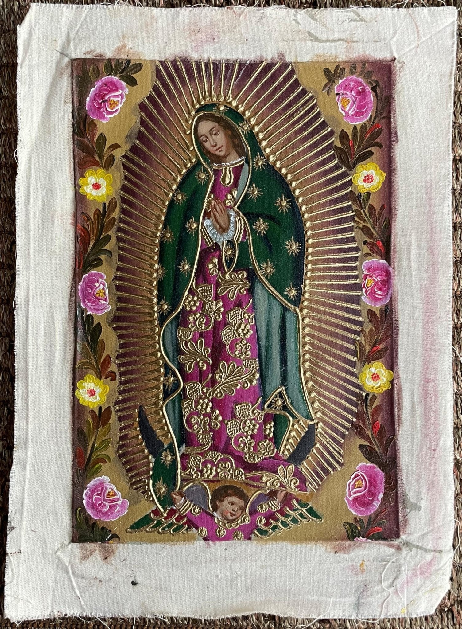 Virgin of Guadalupe Original Painting Oil on Canvas Cusco School 7 3/8 x 11 1/4 CS52512 - Shaman Things