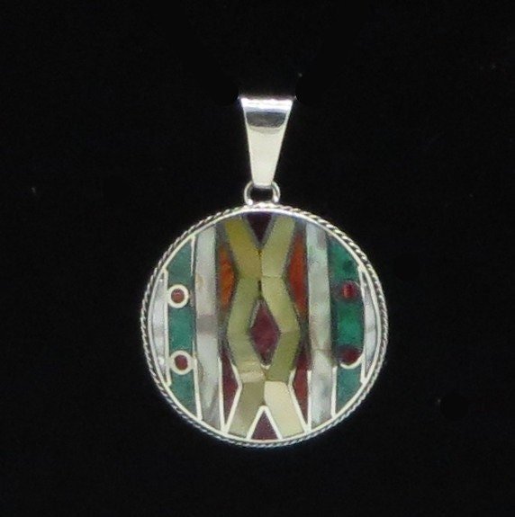 Weaving Pattern Pendant Peru 950 Silver and Stone Inlay Sacred Valley PJV5 - Shaman Things
