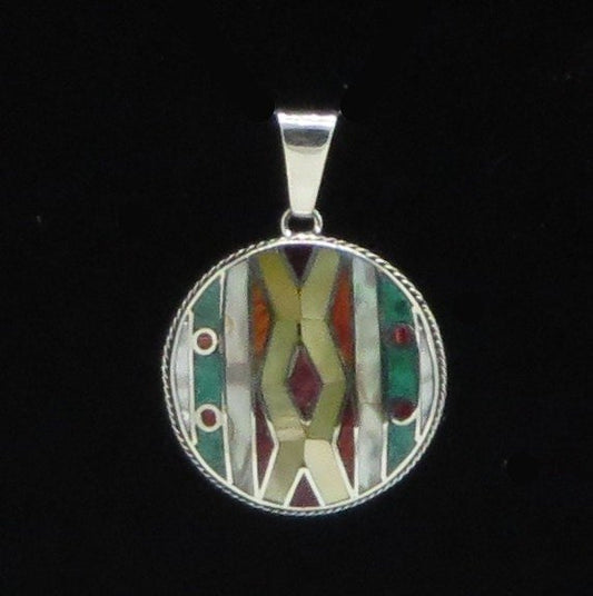 Weaving Pattern Pendant Peru 950 Silver and Stone Inlay Sacred Valley PJV5 - Shaman Things