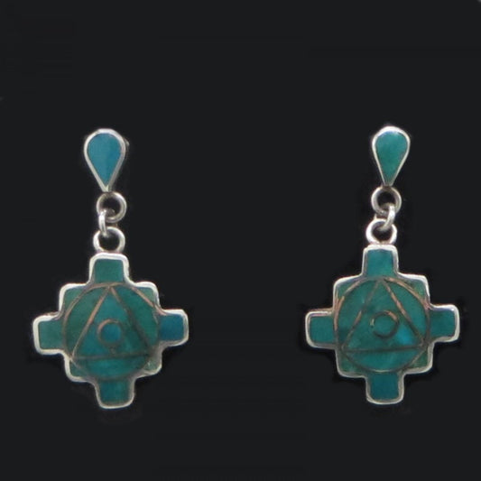 Chakana Post Earrings 950 Silver and Stone Inlay Peru Sacred Valley - Shaman Things