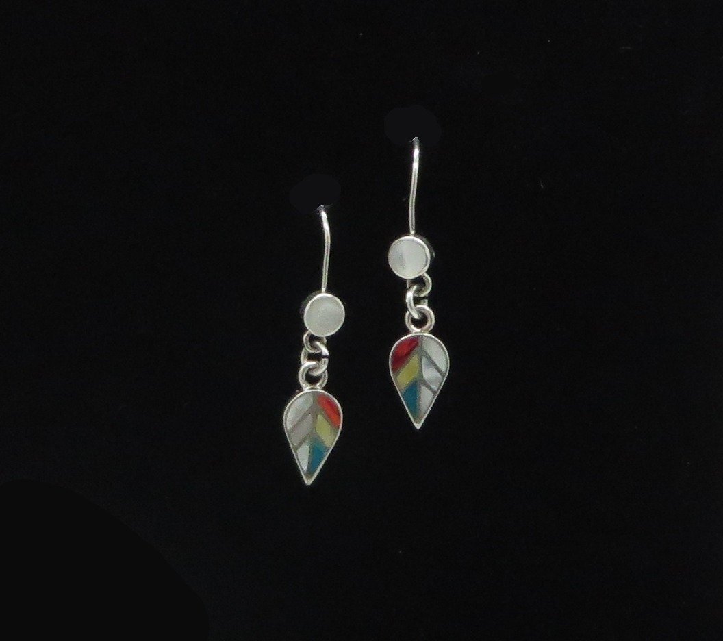Coca Leaf Earrings 950 Silver and Stone Inlay Peru Sacred Valley EH2 - Shaman Things