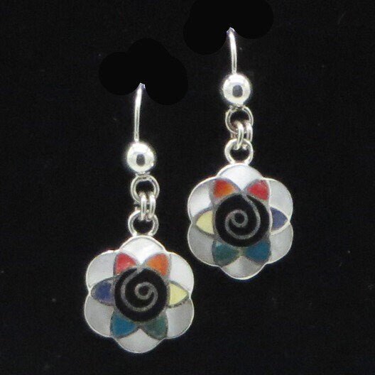 Flower of Life and Pachamama Spiral Earrings 950 Silver with Stone and Abalone Inlay Peru Sacred Valley EJV15 - Shaman Things