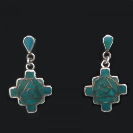 Chakana Post Earrings 950 Silver and Stone Inlay Peru Sacred Valley