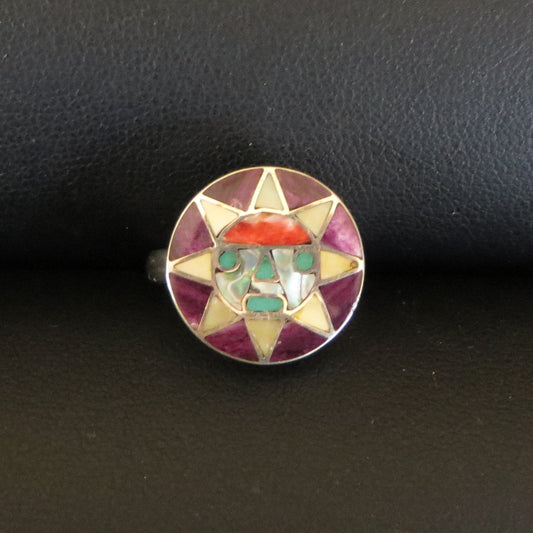 Incan Sun Inti Inlay Ring Size 7 Peru 950 Silver Sacred Valley RP101