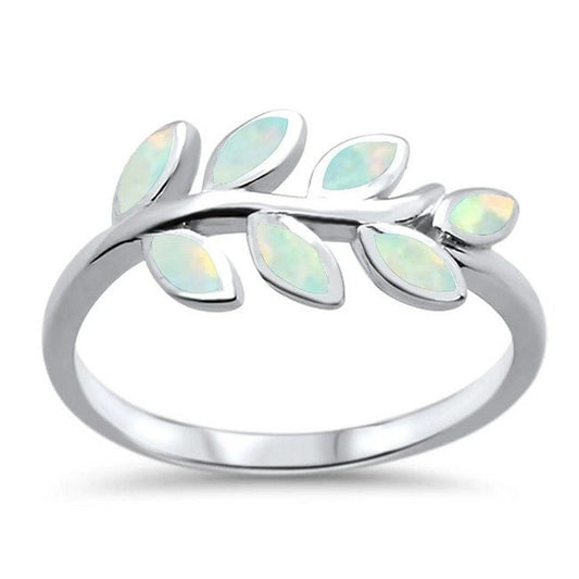 Sterling Silver Leaf Ring with White Opals Size 6 RS7