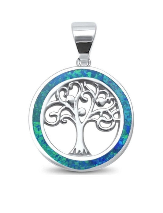Tree of Life Pendant Sterling Silver with Blue Opal Inlay