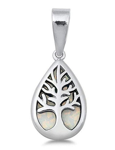 Teardrop Tree of Life Pendant Sterling Silver with Opal