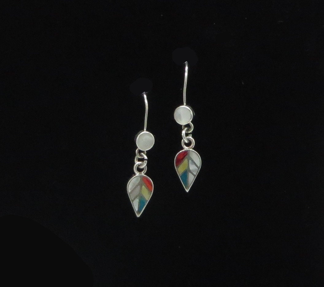 Coca Leaf Earrings 950 Silver and Stone Inlay Peru Sacred Valley EH2