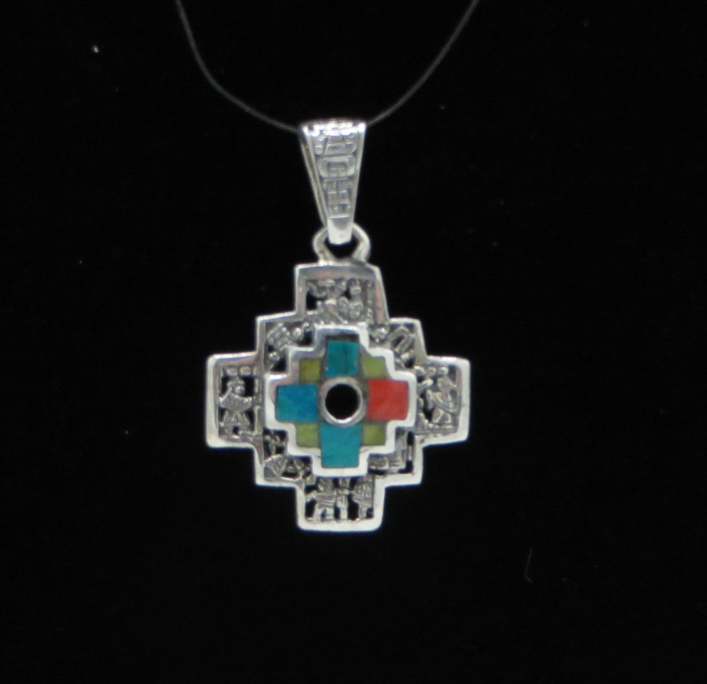 Chakana Pendant with Stone Inlay and Open Work 950 Silver Sacred Valley Peru PH15