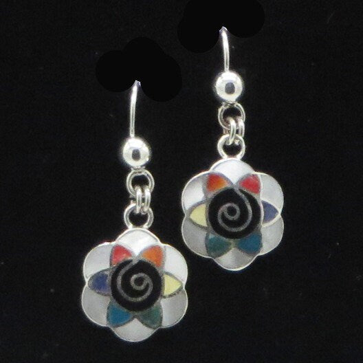 Flower of Life and Pachamama Spiral Earrings 950 Silver with Stone and Abalone Inlay Peru Sacred Valley EJV15