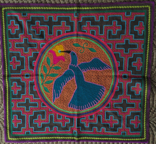 Shipibo Hand Embroidered Tapestry Altar Cloth Ayahuasca Hummingbird 26 x 28