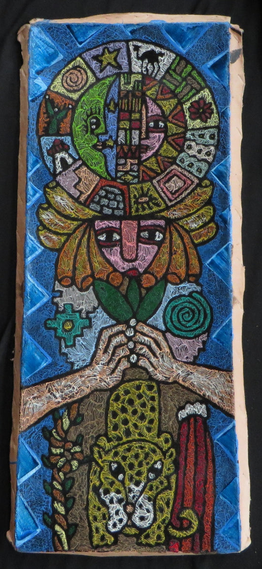 Shaman Painting on Leather Peru Sacred Valley Jaguar Coca Leaf Chakana Inca Calendar 7 1/2 x 19 3/8