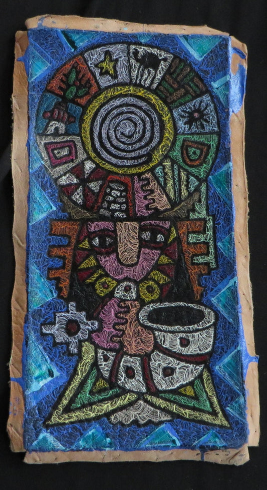 Shaman Painting on Leather Peru Sacred Valley Musician Inca Calendar 5 3/4 x 11 3/4