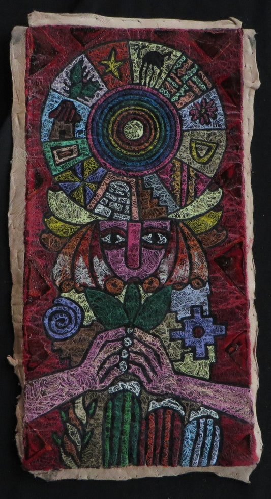 Shaman Painting on Leather Peru Sacred Valley Coca Leaf Chakana Inca Calendar 5 3/4 x 11 1/2