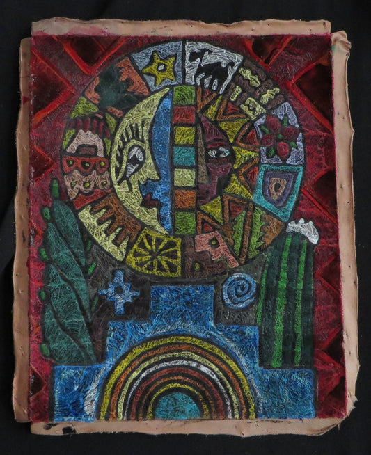 Shaman Painting on Leather Peru Sacred Valley Chakana Sun Moon Inca Calendar San Pedro 7 7/8 x 9 3/4