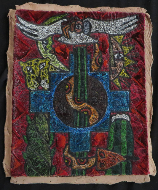Shaman Painting on Leather Peru Sacred Valley Chakana Sun Moon Condor Jaguar Snake 7 7/8 x 9 3/4