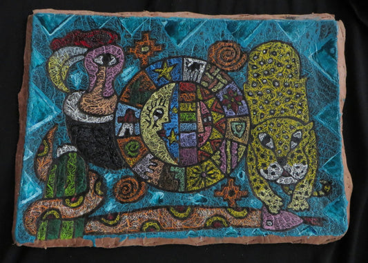 Shaman Painting on Leather Peru Sacred Valley Inca Calendar Condor Jaguar Snake 13 1/2 x 9 1/2