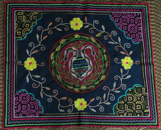 Large Shipibo Hand Embroidered Tapestry Altar Cloth Ayahuasca Vase Anaconda 32 1/2 x 27 1/2