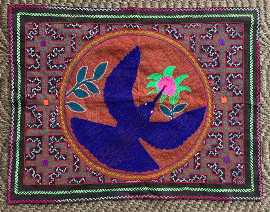 Shipibo Hand Embroidered Tapestry Altar Cloth Ayahuasca Hummingbird 26 3/4 x 21