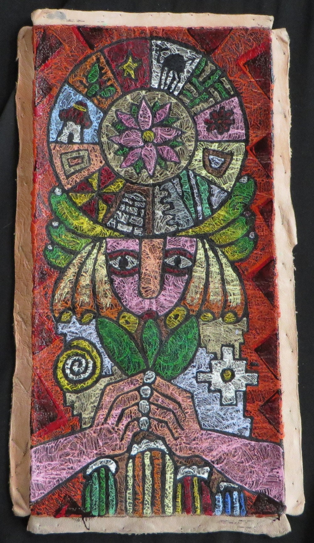 Shaman Painting on Leather Peru Sacred Valley Coca Leaf Chakana Inca Calendar 5 7/8 x 11 1/2
