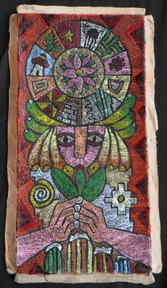 Shaman Painting on Leather Peru Sacred Valley Coca Leaf Chakana Inca Calendar 5 7/8 x 11 1/2