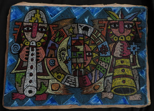 Shaman Painting on Leather Peru Sacred Valley Inca Calendar Musicians Sun Moon 13 1/2 x 9 1/2
