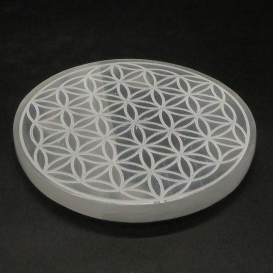 Selenite Flower of Life Etched Charging Plate Crystal Grid 5 1/2" diameter