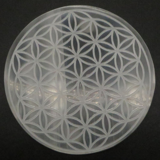 Selenite Flower of Life Etched Charging Plate Crystal Grid 5 1/2" diameter