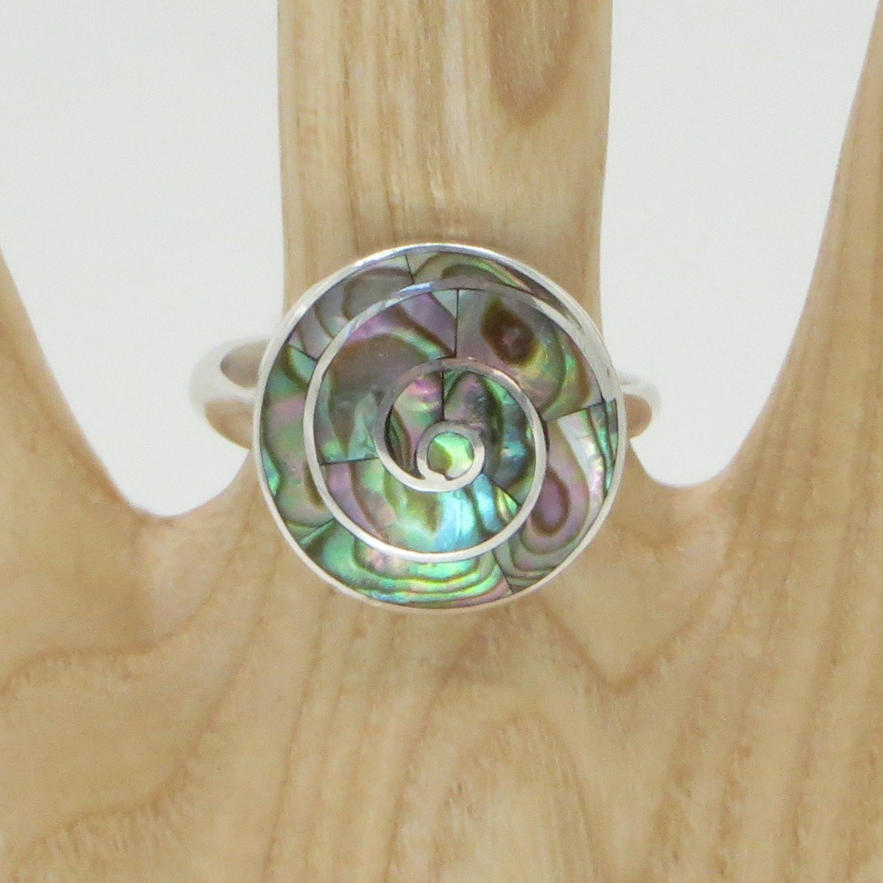Incan Patterns Pachamama Spiral Ring Abalone Inlay Size 9 adjustable Peru 950 Silver Sacred Valley RH9 - Shaman Things