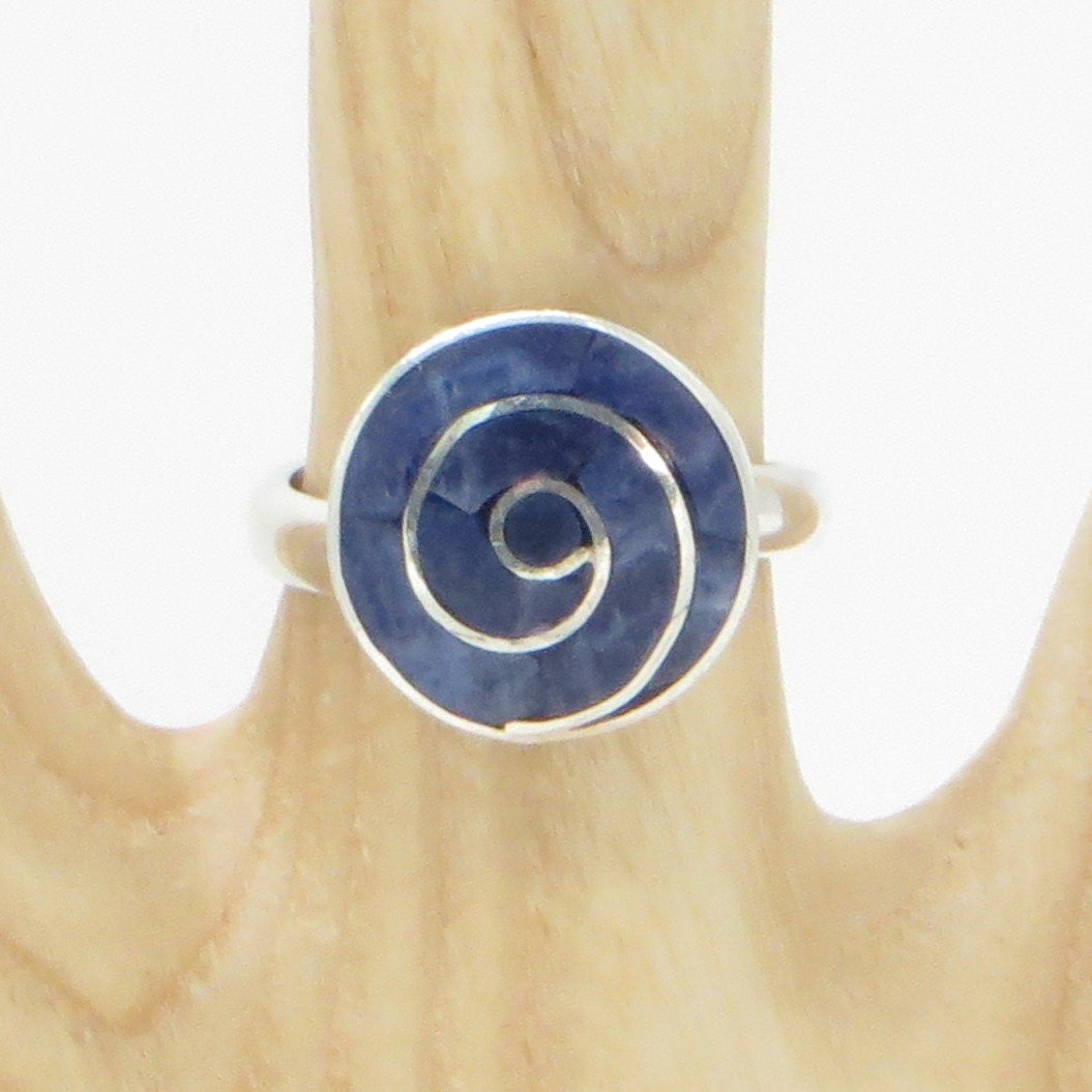 Incan Patterns Pachamama Spiral Ring Stone Inlay Size 4 adjustable Peru 950 Silver Sacred Valley RH12 - Shaman Things