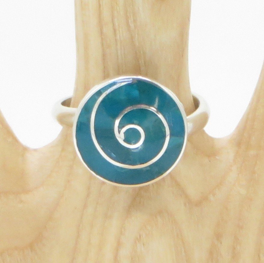 Incan Patterns Pachamama Spiral Ring Stone Inlay Size 8 adjustable Peru 950 Silver Sacred Valley RH11 - Shaman Things