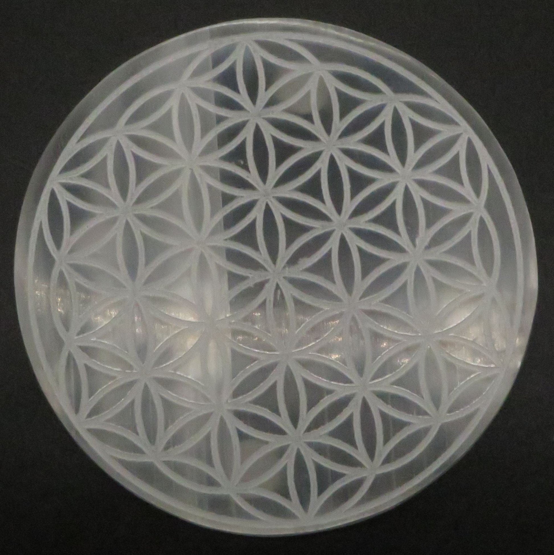 Selenite Flower of Life Etched Charging Plate Crystal Grid 5 1/2" diameter - Shaman Things