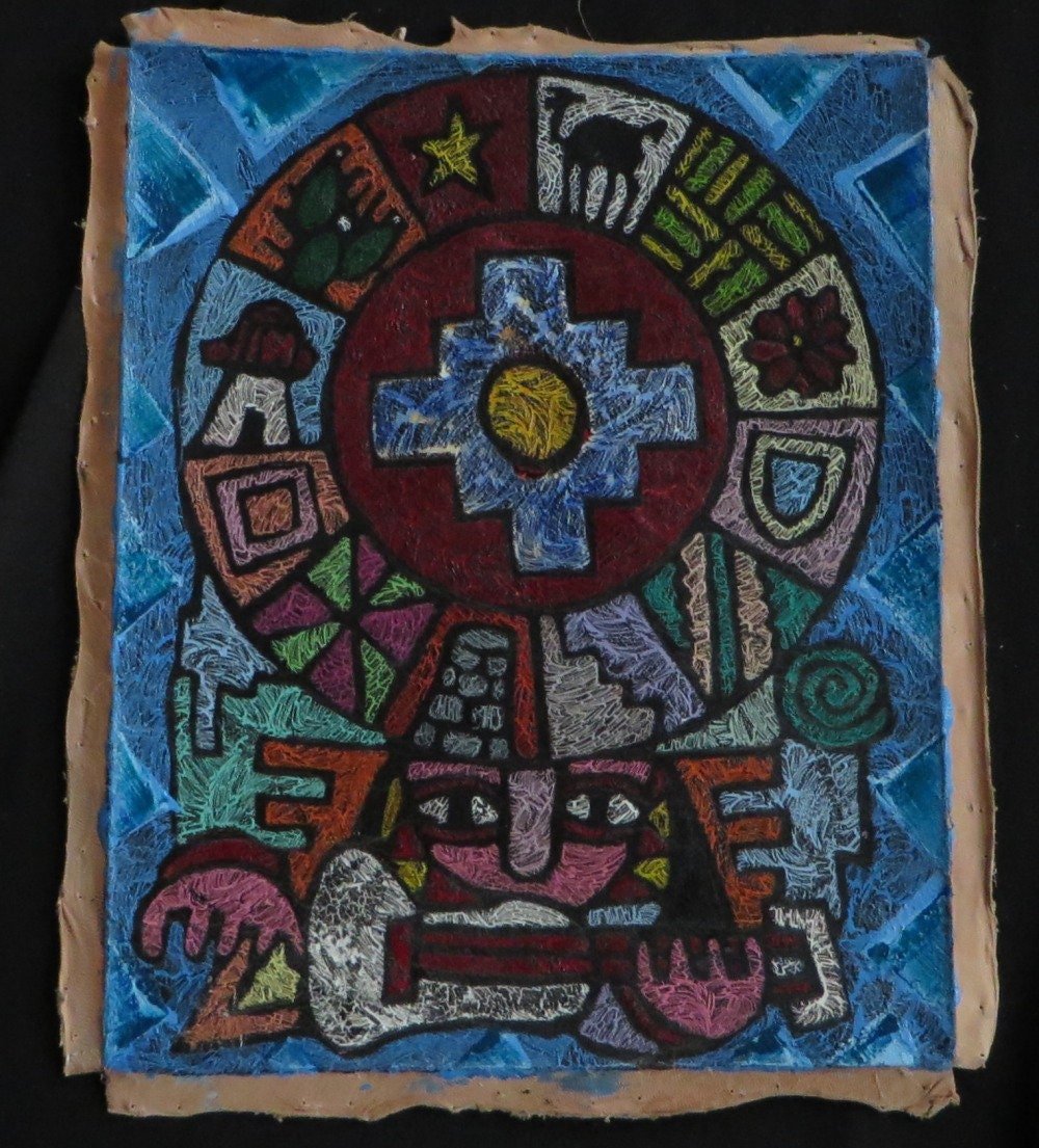 Shaman Painting on Leather Peru Sacred Valley Chakana Inca Calendar Musician Guitar 7 7/8 x 9 3/4 - Shaman Things
