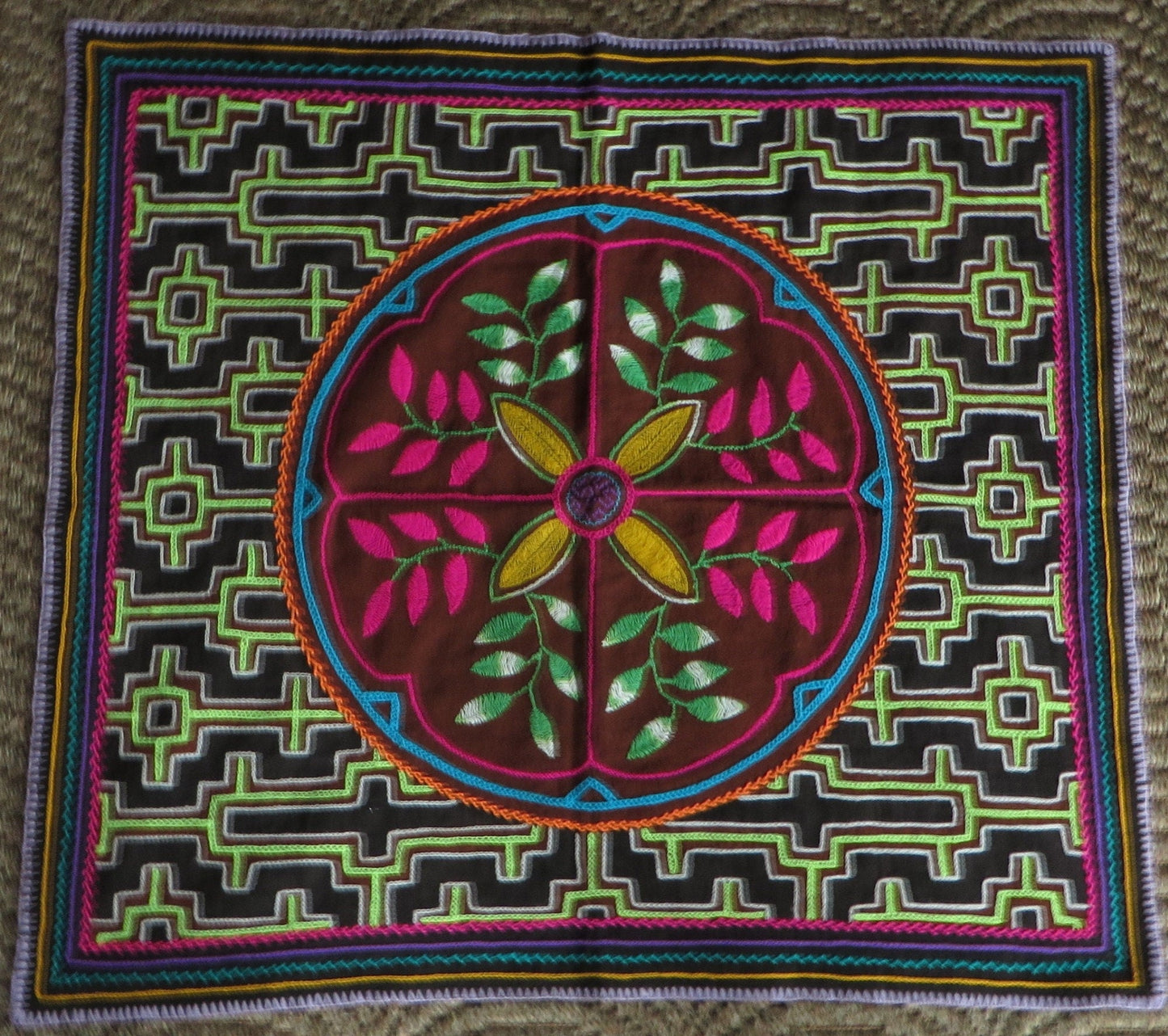 Shipibo Hand Embroidered Tapestry Altar Cloth Ayahuasca Flower 26 1/4 x 29 - Shaman Things