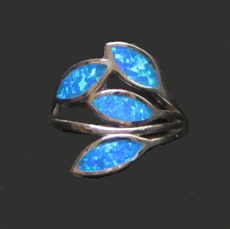 Sterling Silver Leaf Ring Blue Opals Size 6 RS3 - Shaman Things