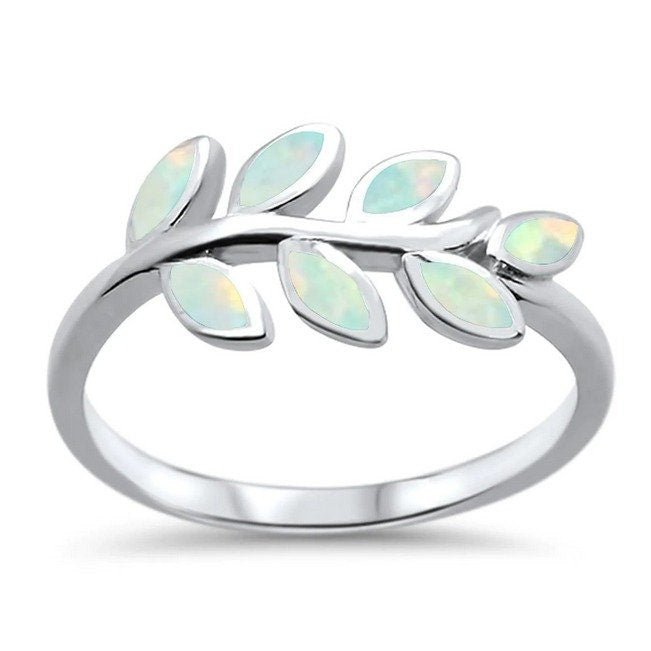 Sterling Silver Leaf Ring with White Opals Size 6 RS7 - Shaman Things